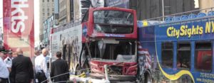 This image shows two double-decker buses after a bus accident.